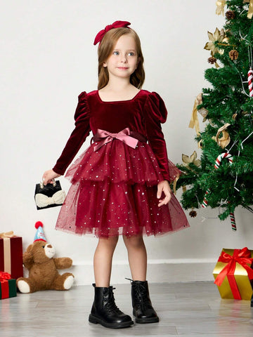 Young Girl Knit Furry Contrast Panel Crew Neck Casual Dress