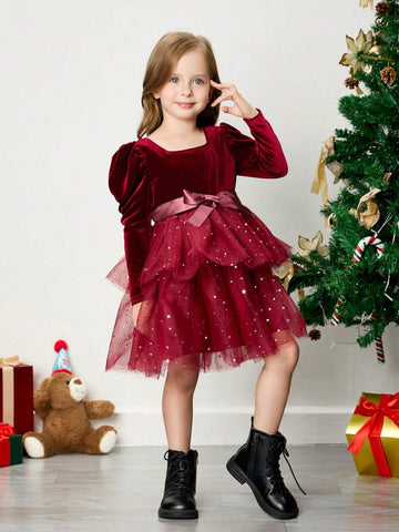 Young Girl Knit Furry Contrast Panel Crew Neck Casual Dress