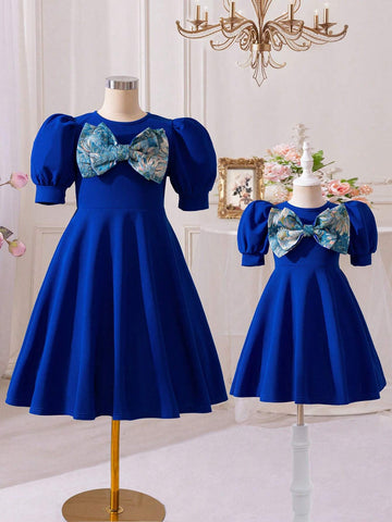 Young Girl Knit Jacquard Contrast Bow Puff Sleeve Elegant Dress