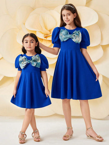 Young Girl Knit Jacquard Contrast Bow Puff Sleeve Elegant Dress