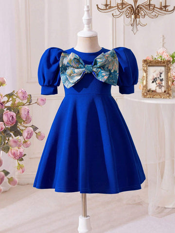 Young Girl Knit Jacquard Contrast Bow Puff Sleeve Elegant Dress