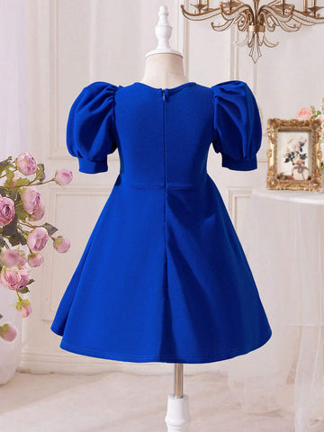 Young Girl Knit Jacquard Contrast Bow Puff Sleeve Elegant Dress
