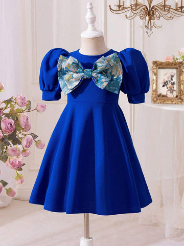 Young Girl Knit Jacquard Contrast Bow Puff Sleeve Elegant Dress