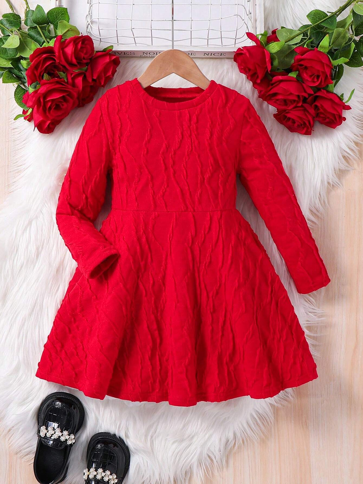 Young Girl Knit Jacquard Fabric Solid Color A-Line Elegant Long Sleeve Dress