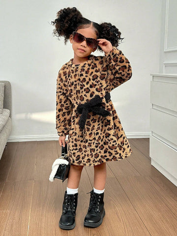 Young Girl Knit Leopard Fuzzy Crew Neck Loose Casual Dress
