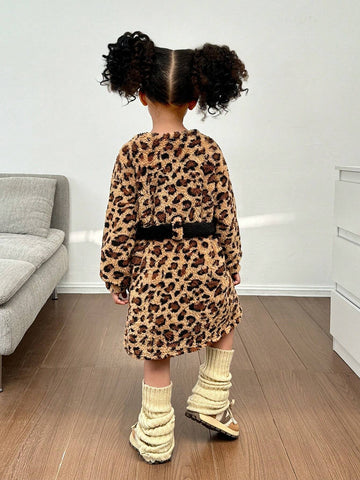 Young Girl Knit Leopard Fuzzy Crew Neck Loose Casual Dress