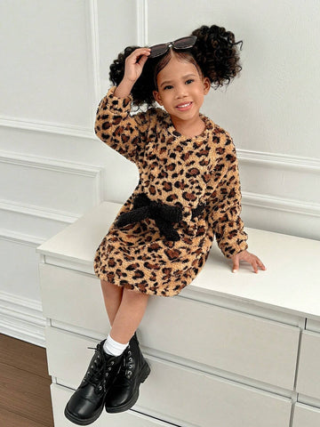 Young Girl Knit Leopard Fuzzy Crew Neck Loose Casual Dress