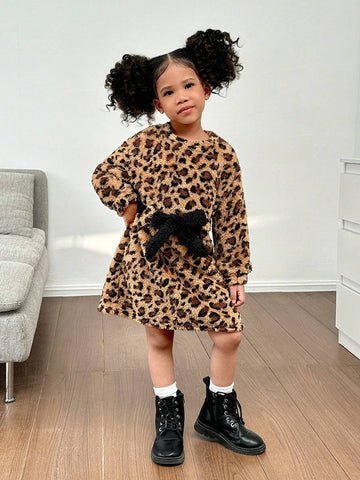 Young Girl Knit Leopard Fuzzy Crew Neck Loose Casual Dress