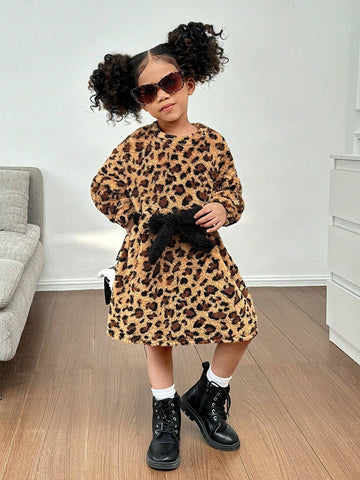 Young Girl Knit Leopard Fuzzy Crew Neck Loose Casual Dress