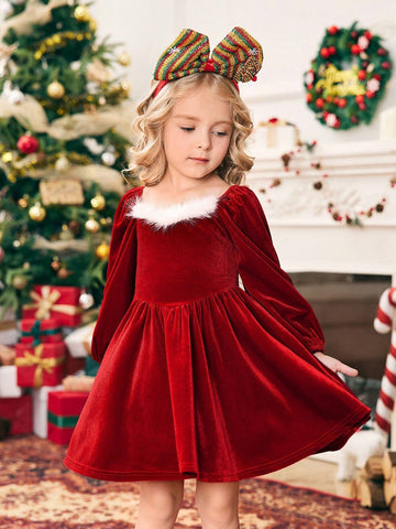 Young Girl Knit Patchwork Contrast Color Faux Fur Puff Sleeve Casual Dress