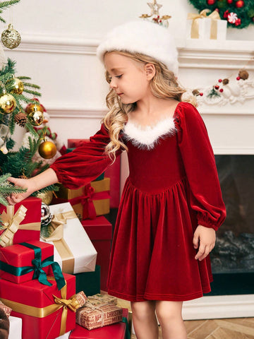 Young Girl Knit Patchwork Contrast Color Faux Fur Puff Sleeve Casual Dress