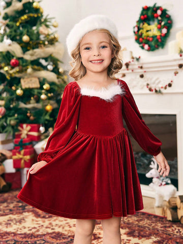 Young Girl Knit Patchwork Contrast Color Faux Fur Puff Sleeve Casual Dress