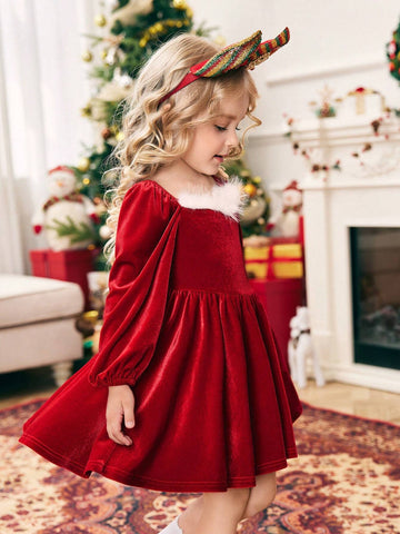 Young Girl Knit Patchwork Contrast Color Faux Fur Puff Sleeve Casual Dress