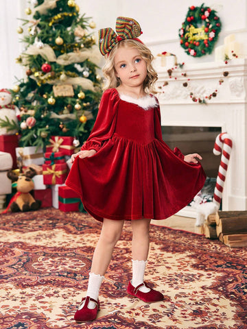 Young Girl Knit Patchwork Contrast Color Faux Fur Puff Sleeve Casual Dress