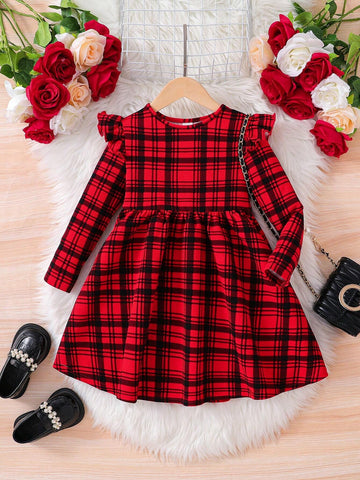 Young Girl Knit Plaid Round Neck Ruffle Trim Casual Dress
