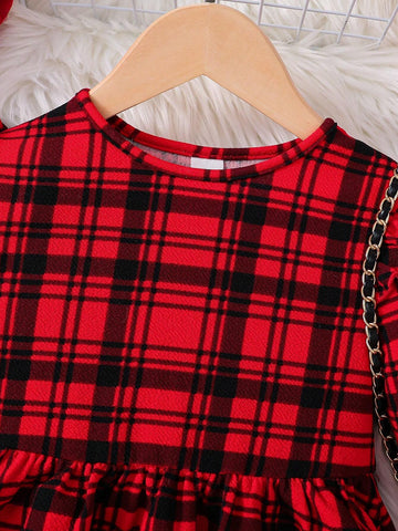 Young Girl Knit Plaid Round Neck Ruffle Trim Casual Dress