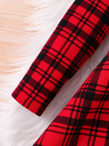 Young Girl Knit Plaid Round Neck Ruffle Trim Casual Dress