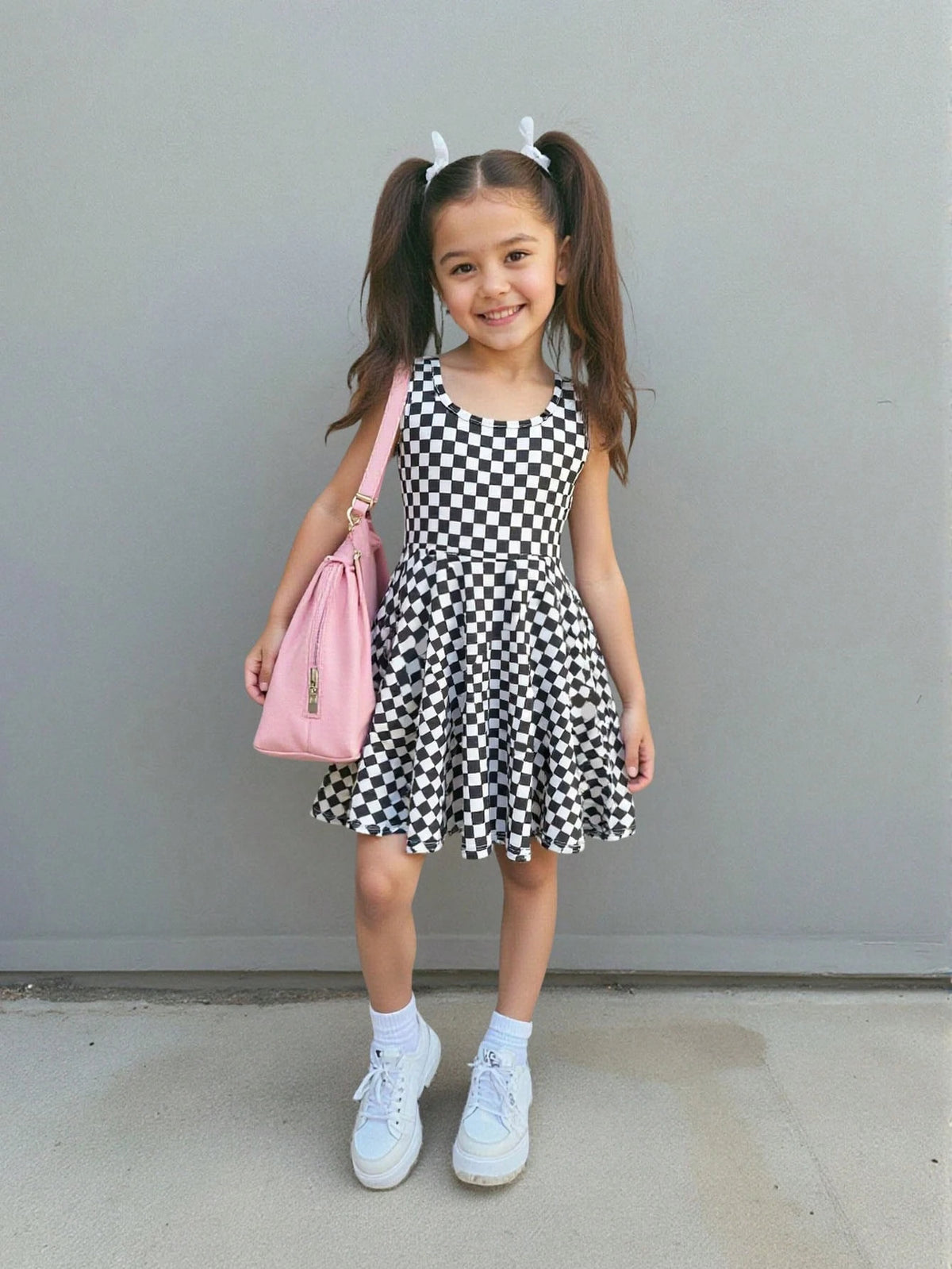 Young Girl Knit Plaid Square Collar Casual Dress