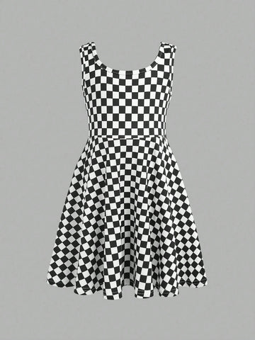 Young Girl Knit Plaid Square Collar Casual Dress