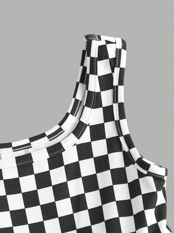 Young Girl Knit Plaid Square Collar Casual Dress