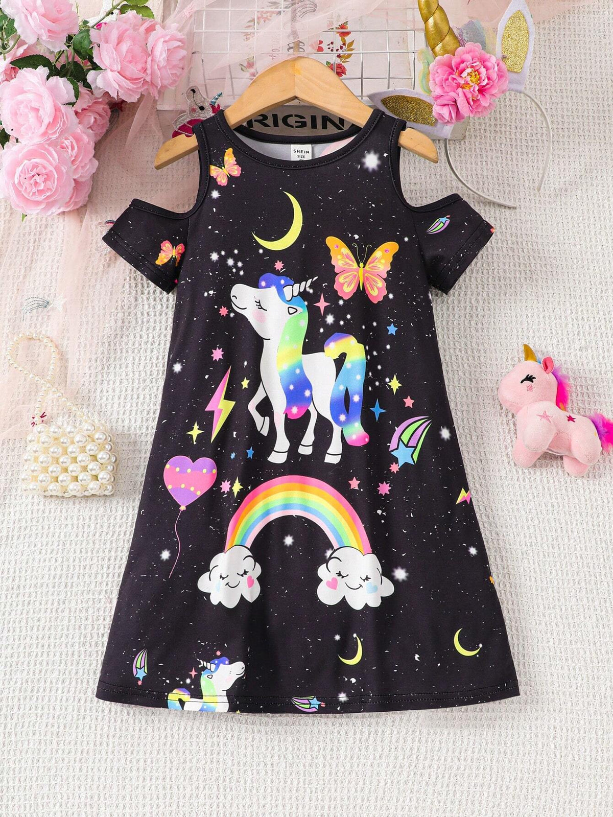 Young Girl Knit Rainbow Unicorn Pattern Fluorescent Sleeveless Cutout Bodysuit Dress