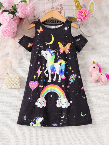 Young Girl Knit Rainbow Unicorn Pattern Fluorescent Sleeveless Cutout Bodysuit Dress
