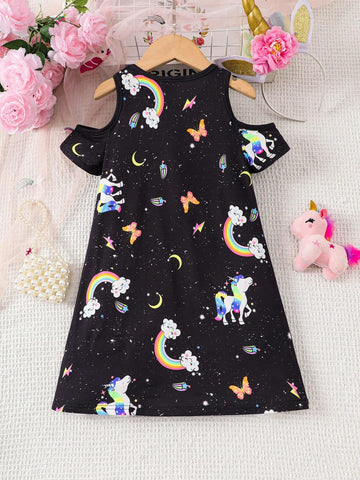 Young Girl Knit Rainbow Unicorn Pattern Fluorescent Sleeveless Cutout Bodysuit Dress