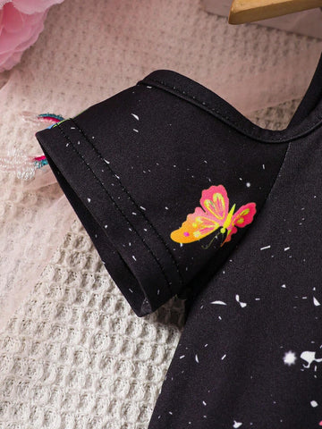 Young Girl Knit Rainbow Unicorn Pattern Fluorescent Sleeveless Cutout Bodysuit Dress