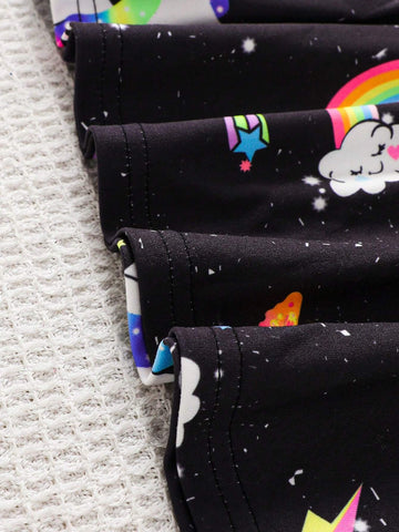 Young Girl Knit Rainbow Unicorn Pattern Fluorescent Sleeveless Cutout Bodysuit Dress