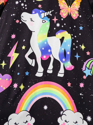 Young Girl Knit Rainbow Unicorn Pattern Fluorescent Sleeveless Cutout Bodysuit Dress