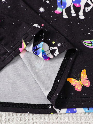 Young Girl Knit Rainbow Unicorn Pattern Fluorescent Sleeveless Cutout Bodysuit Dress