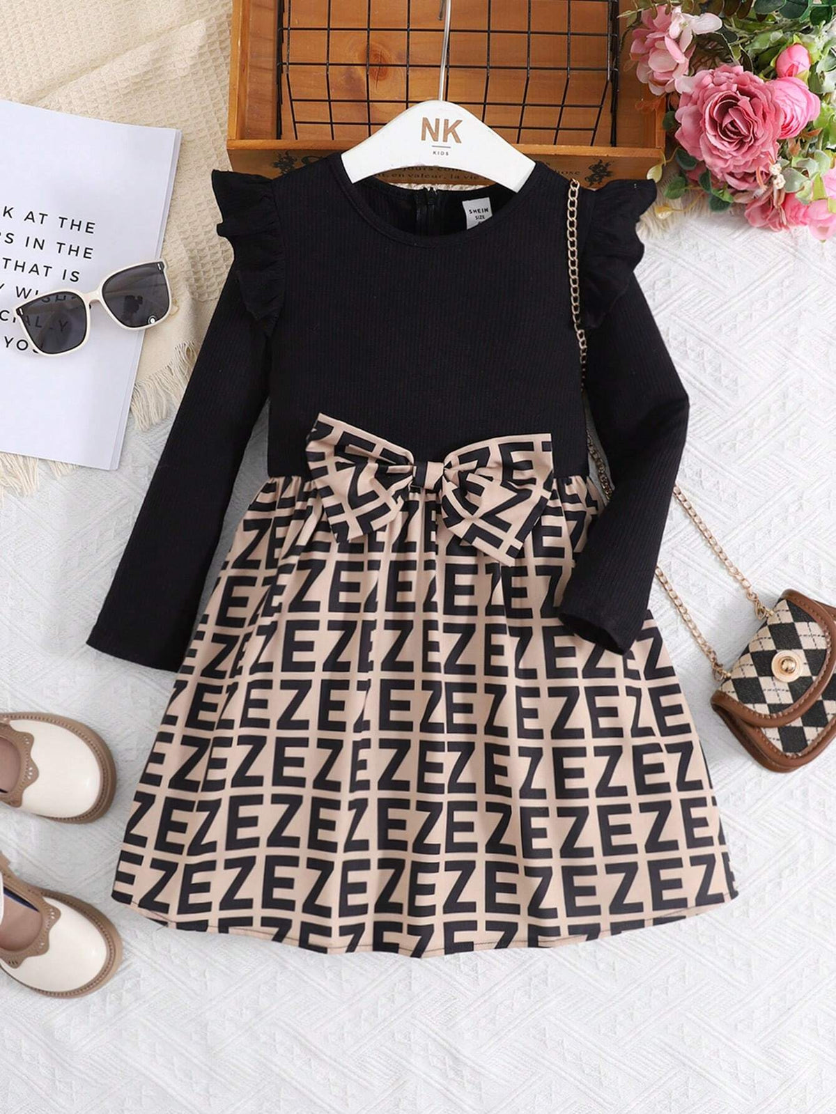 Young Girl Knit Solid Color Crew Neck Ruffle Patchwork Letter Print Casual Jersey Dress