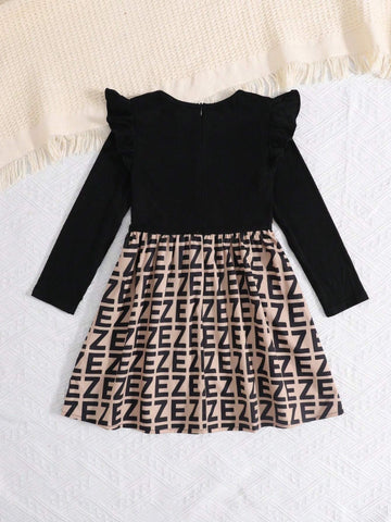 Young Girl Knit Solid Color Crew Neck Ruffle Patchwork Letter Print Casual Jersey Dress