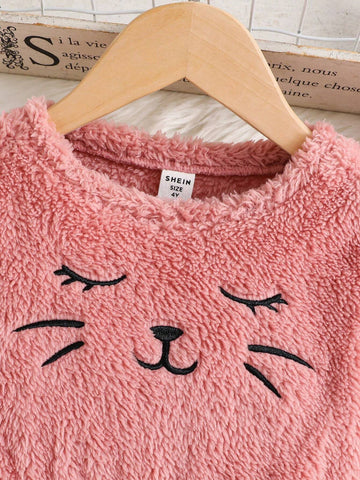 Young Girl Knit Solid Color Fluffy Embroidered Kitten Pattern Fitted Waist Casual Dress