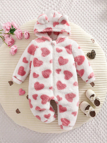 Young Girl Knit Solid Color Furry Hooded Jumpsuit