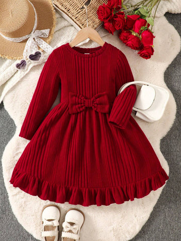 Young Girl Knit Solid Color Round Neck Bowknot Decor Casual Dress