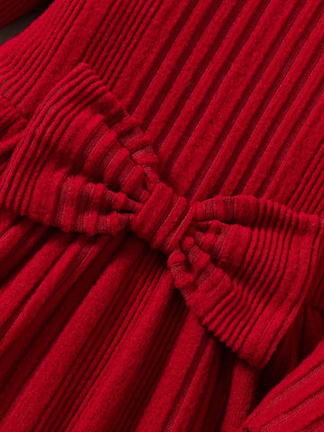 Young Girl Knit Solid Color Round Neck Bowknot Decor Casual Dress