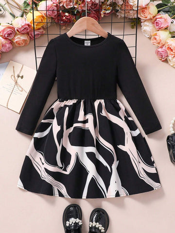 Young Girl Knit Solid Color Round Neck Patchwork Ditsy Floral Relaxed Casual Dress