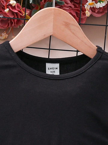 Young Girl Knit Solid Color Round Neck Patchwork Ditsy Floral Relaxed Casual Dress