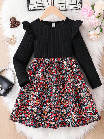 Young Girl Knit Solid Color Round Neck Ruffle Patchwork Floral Printed Combination Casual Dress
