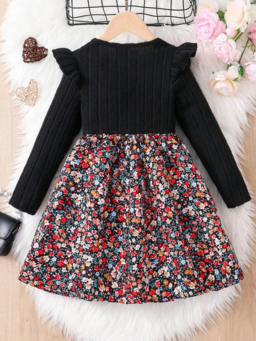 Young Girl Knit Solid Color Round Neck Ruffle Patchwork Floral Printed Combination Casual Dress