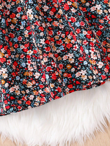Young Girl Knit Solid Color Round Neck Ruffle Patchwork Floral Printed Combination Casual Dress