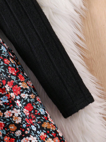 Young Girl Knit Solid Color Round Neck Ruffle Patchwork Floral Printed Combination Casual Dress