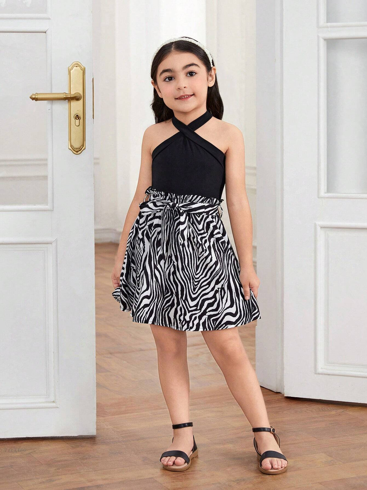 Young Girl Knit Solid Color Sleeveless Dress, With Woven Striped Pattern Patchwork