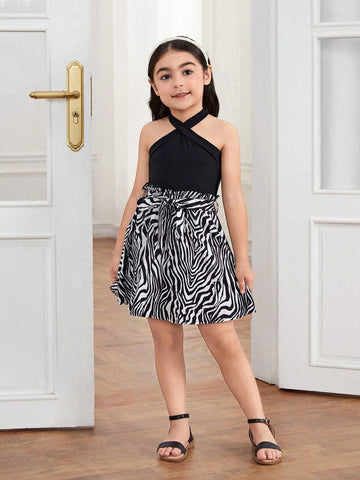 Young Girl Knit Solid Color Sleeveless Dress, With Woven Striped Pattern Patchwork