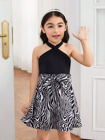 Young Girl Knit Solid Color Sleeveless Dress, With Woven Striped Pattern Patchwork