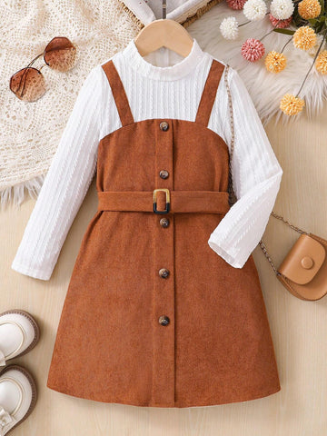 Young Girl Knit Solid Color Stand Collar Patchwork Woven 2 In 1 Dress