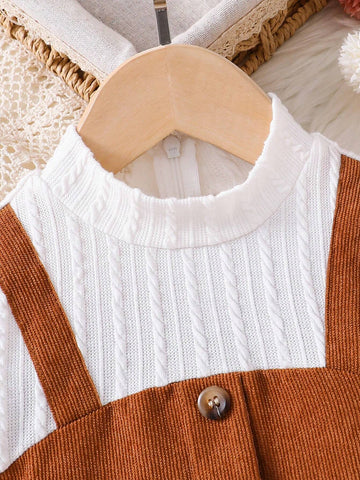 Young Girl Knit Solid Color Stand Collar Patchwork Woven 2 In 1 Dress