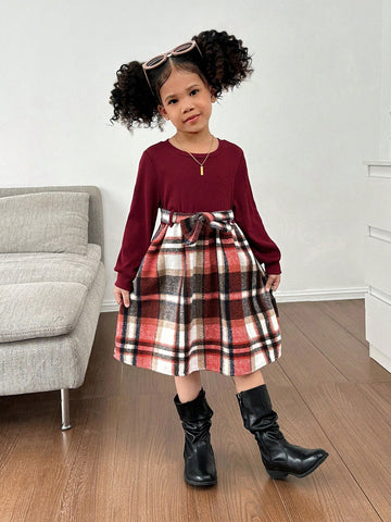 Young Girl Knit Solid Splice Woven Plaid Bodycon Casual Dress