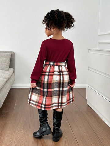 Young Girl Knit Solid Splice Woven Plaid Bodycon Casual Dress